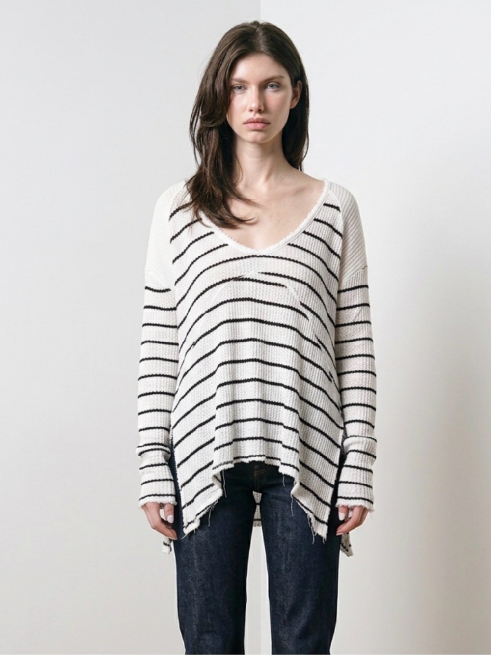 Free People Distressed Knit Sweater in White with Black Trim